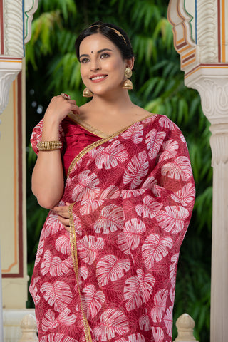 Leaf Print Saree 133-RED