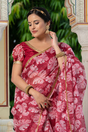 Leaf Print Saree 133-RED