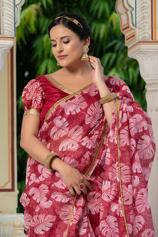 Leaf Print Saree 133-RED