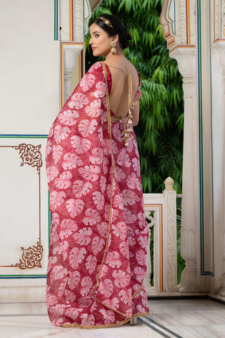 Leaf Print Saree 133-RED