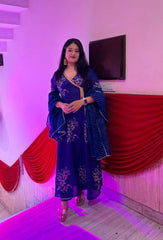 Blue Block Printed Angrakha Anarkali Suit Set 201-BLU
