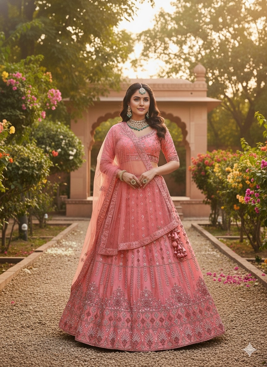 Coral Pink Embroidered Net Lehenga Choli with Dupatta