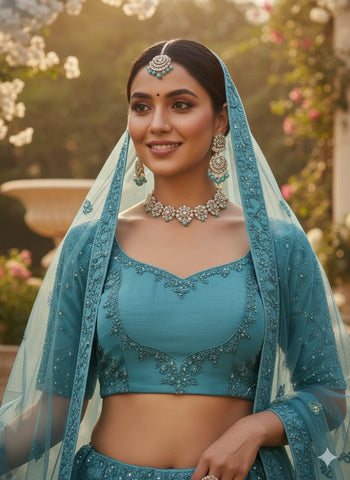 Teal Blue Lehenga Choli for Wedding | Designer Teal Blue Bridal Lehenga Online | Indi Inside