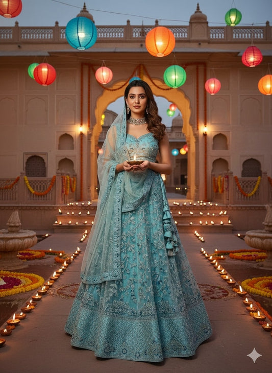 Teal Blue Lehenga Choli for Wedding | Designer Teal Blue Lehenga Online