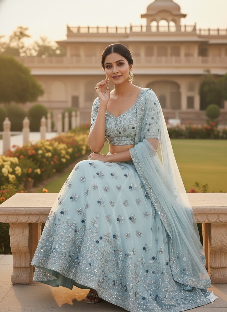 Light Blue Lehenga Choli for Wedding | Designer Light Blue Lehenga Online