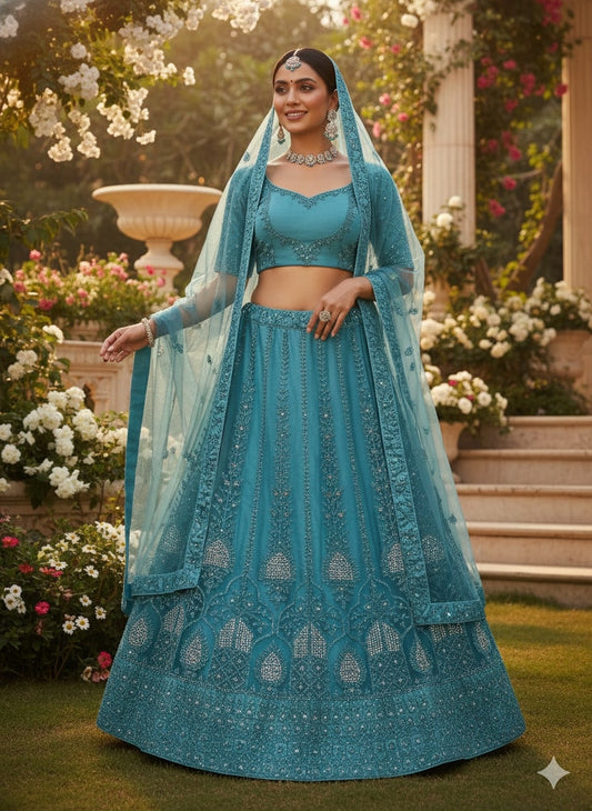 Teal Blue Lehenga Choli for Wedding | Designer Teal Blue Bridal Lehenga Online | Indi Inside