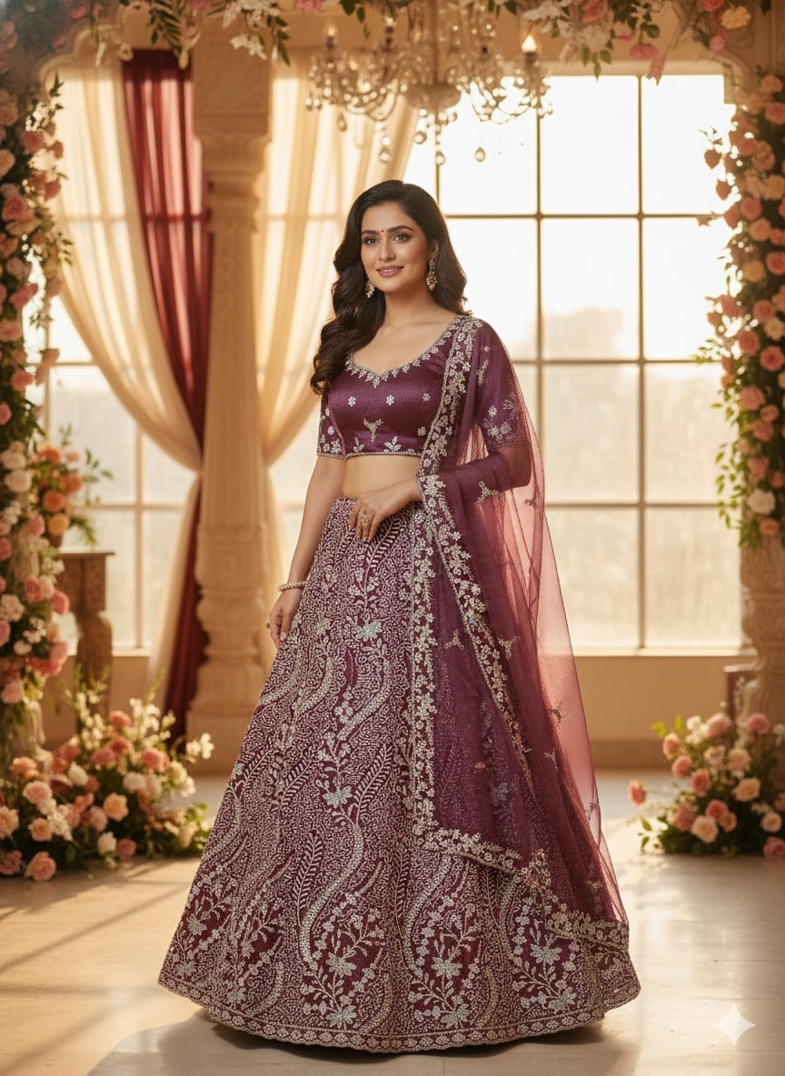 Wine Lehenga Choli for Wedding | Designer Wine Color Lehenga Online