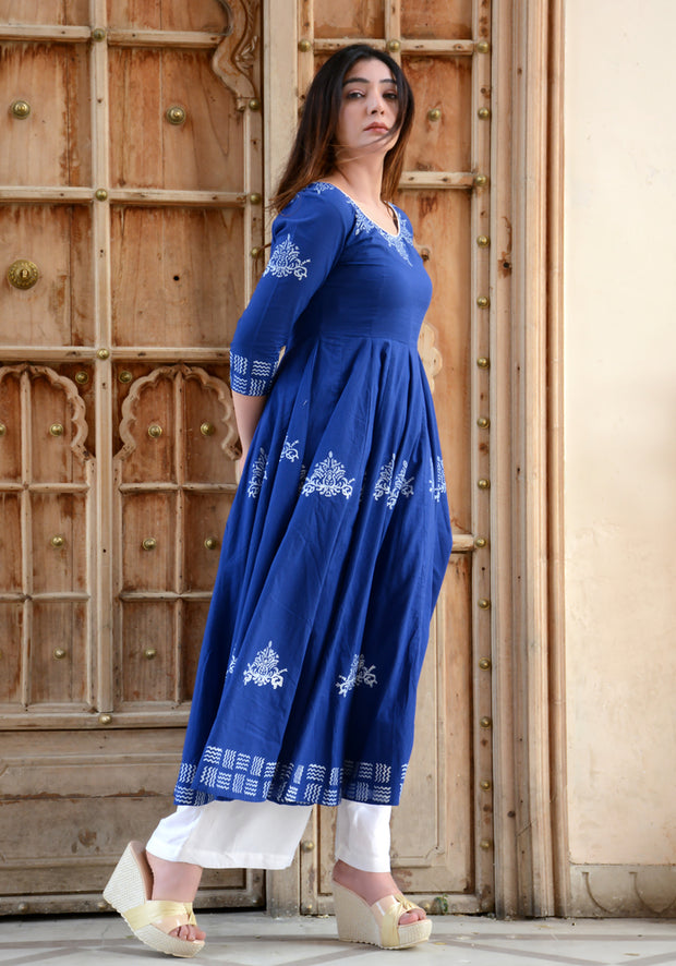 Block Printed Anarkali Blue Kurta 158-BLU