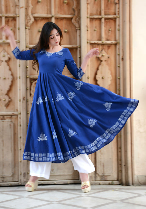 Block Printed Anarkali Blue Kurta 158-BLU
