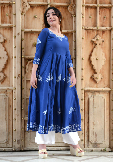 Block Printed Anarkali Blue Kurta 158-BLU