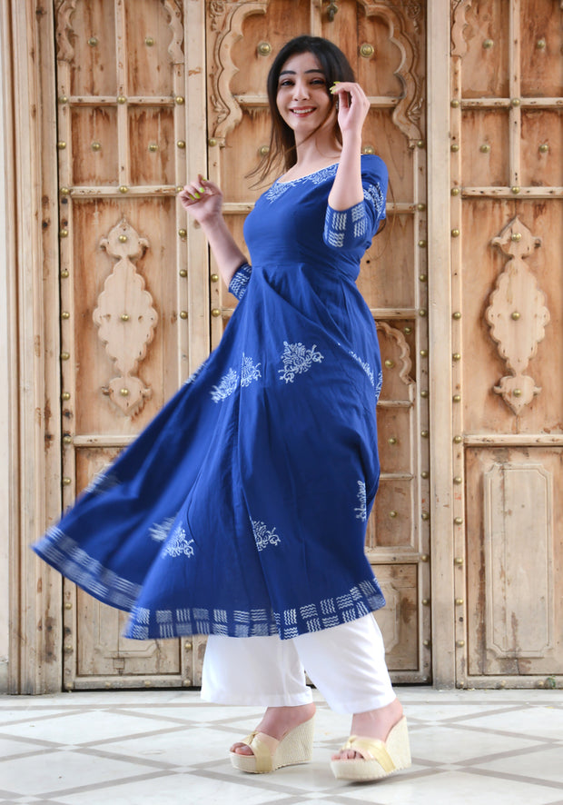 Block Printed Anarkali Blue Kurta 158-BLU