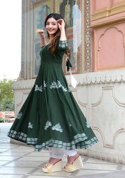Block Printed Anarkali Bottle Green Kurta 158-GRN
