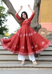 Block Printed Anarkali Maroon Kurta 158-MRN