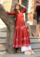 Block Printed Anarkali Maroon Kurta 158-MRN