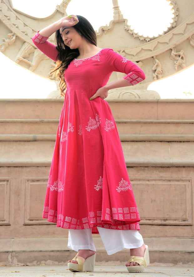 Block Printed Anarkali Pink Kurta 158-PNK