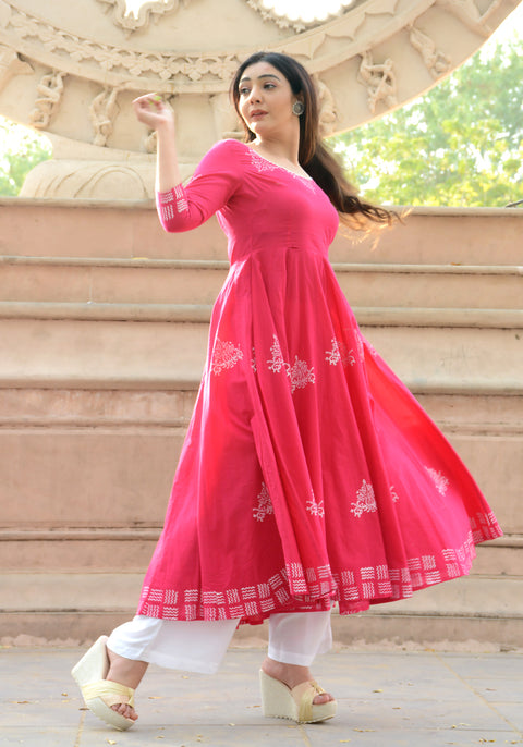 Block Printed Anarkali Pink Kurta 158-PNK