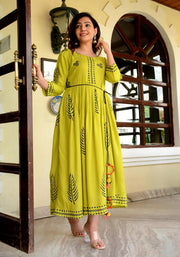 Block Printed Flared Parrot Green Kurta 180-GRN