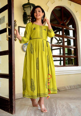 Block Printed Flared Parrot Green Kurta 180-GRN