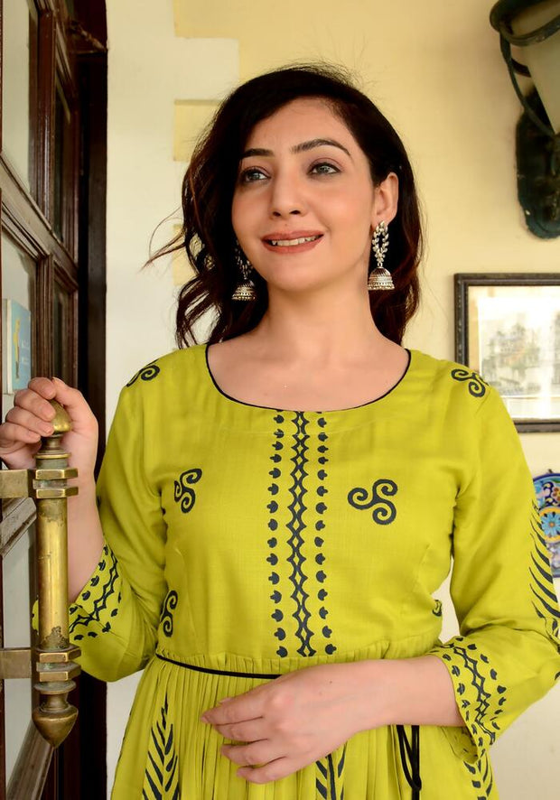 Block Printed Flared Parrot Green Kurta 180-GRN
