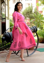 Block Printed Flared Pink Kurta 180-PNK