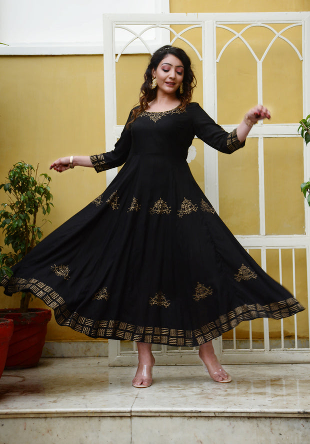 Block Printed Anarkali Black Kurta 188-BLK