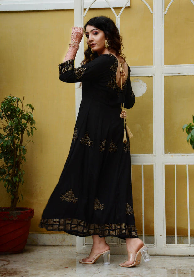 Block Printed Anarkali Black Kurta 188-BLK