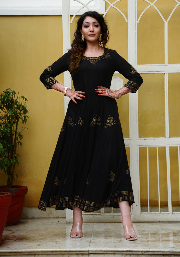 Block Printed Anarkali Black Kurta 188-BLK