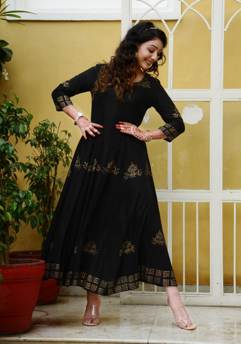 Block Printed Anarkali Black Kurta 188-BLK