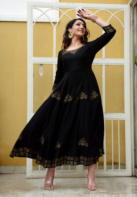 Block Printed Anarkali Black Kurta 188-BLK
