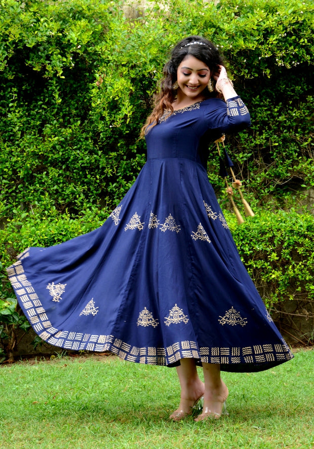 Block Printed Anarkali Blue Kurta 188-BLU
