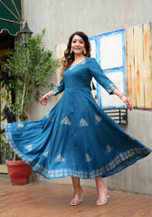 Block Printed Anarkali Teal Blue Kurta 188-TEL