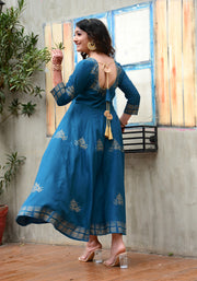 Block Printed Anarkali Teal Blue Kurta 188-TEL