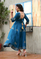 Block Printed Anarkali Teal Blue Kurta 188-TEL