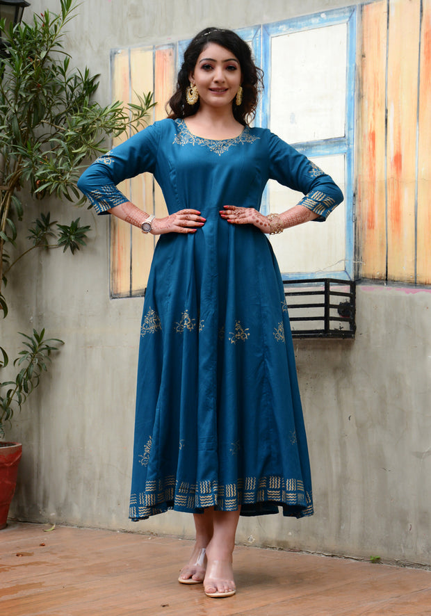 Block Printed Anarkali Teal Blue Kurta 188-TEL