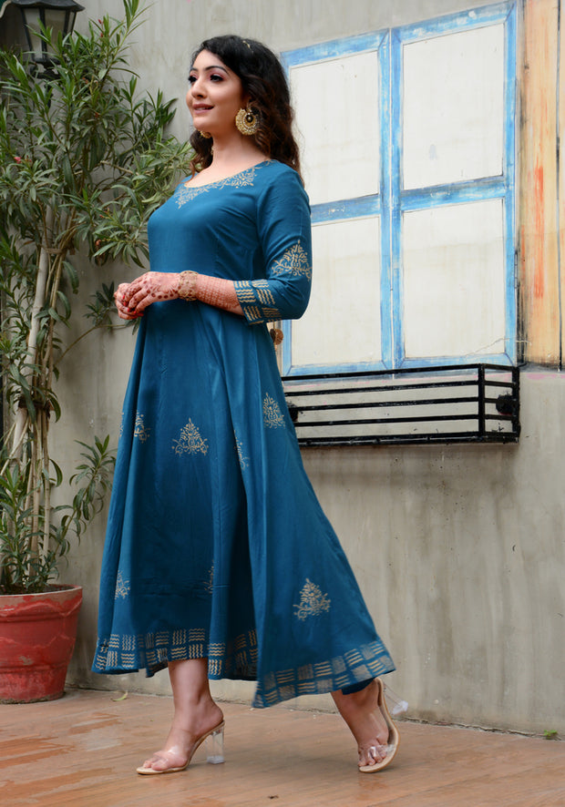 Block Printed Anarkali Teal Blue Kurta 188-TEL