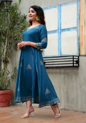 Block Printed Anarkali Teal Blue Kurta 188-TEL