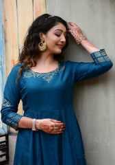 Block Printed Anarkali Teal Blue Kurta 188-TEL