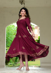 Block Printed Anarkali Wine Kurta 188-WNE