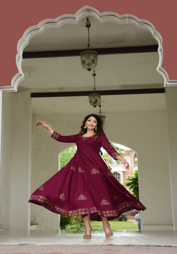 Block Printed Anarkali Wine Kurta 188-WNE