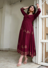 Block Printed Anarkali Wine Kurta 188-WNE