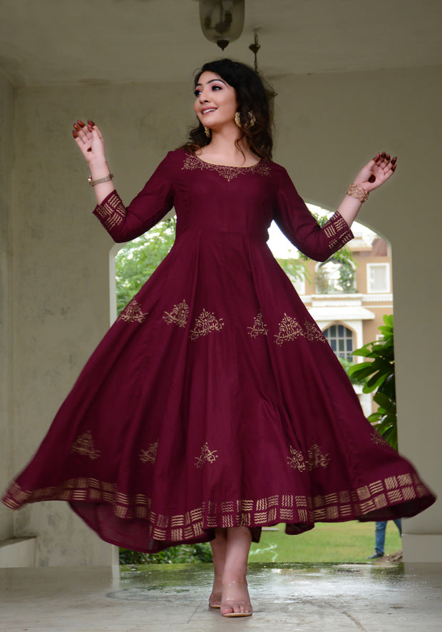 Block Printed Anarkali Wine Kurta 188-WNE