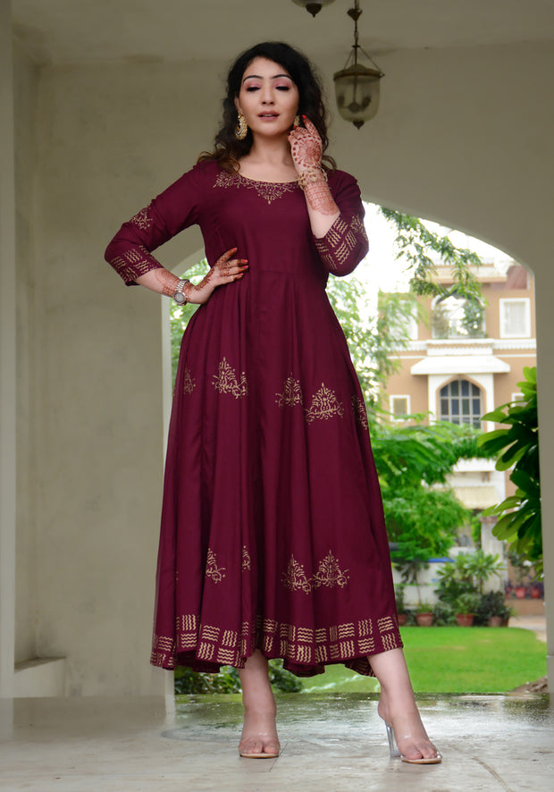 Block Printed Anarkali Wine Kurta 188-WNE