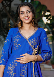 Blue Block Printed Angrakha Anarkali Suit Set 201-BLU