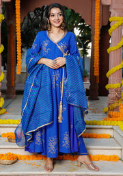 Blue Block Printed Angrakha Anarkali Suit Set 201-BLU