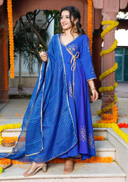 Blue Block Printed Angrakha Anarkali Suit Set 201-BLU