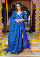 Blue Block Printed Angrakha Anarkali Suit Set 201-BLU