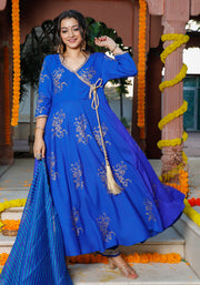 Blue Block Printed Angrakha Anarkali Suit Set 201-BLU
