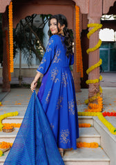 Blue Block Printed Angrakha Anarkali Suit Set 201-BLU