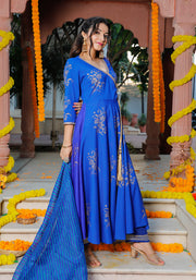 Blue Block Printed Angrakha Anarkali Suit Set 201-BLU
