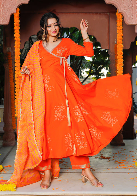 Orange Block Printed Angrakha Anarkali Suit Set 201-ORG